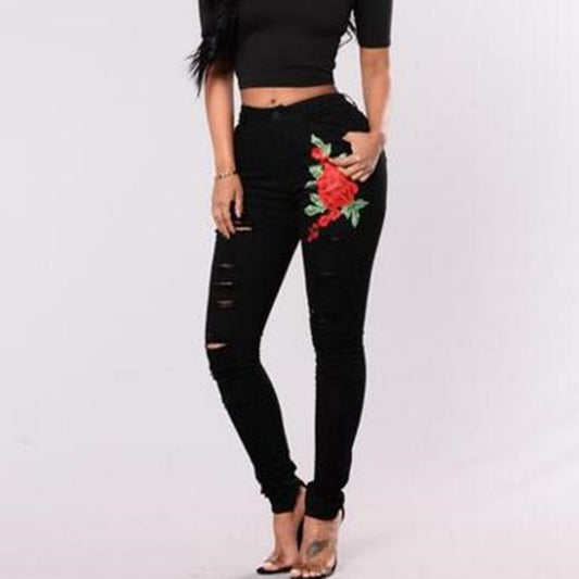 Pantalones Vaqueros Negros con Rotos y Bordados para Mujer