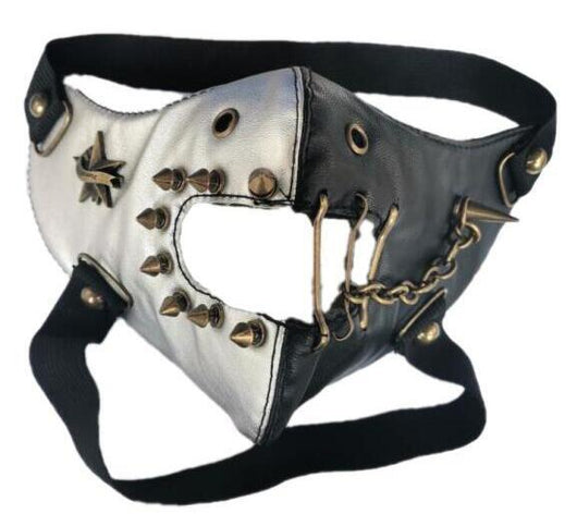 Black leather half-face mask with brass chains, spikes, and gear accents, featuring adjustable elastic straps. - Image 35