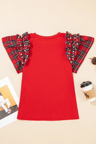 Camiseta Suelta Roja de Cuadros con Volantes en Mangas Cortas - Image 11