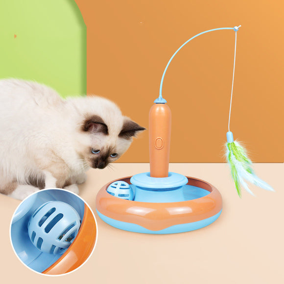 2-in-1 Interactive Cat Toy with Feathers and Rotating Platform