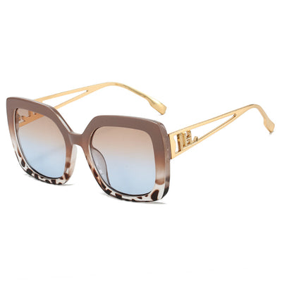 Women's square fashion sunglasses with red and green gradient tortoise shell frames and gradient purple-to-yellow lenses. - Image 8