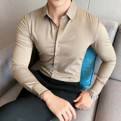 Camisa Ejecutiva Coreana Slim Fit de Punto Elástico para Hombre - Image 6