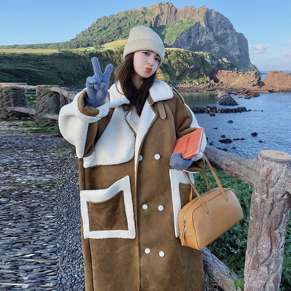 Abrigo Patchwork Khaki Retro con Bolsillos y Doble Botonadura para Mujer