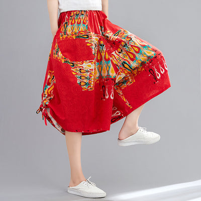 Pantalones Anchos Cropped en Algodón y Lino con Estampado Étnico