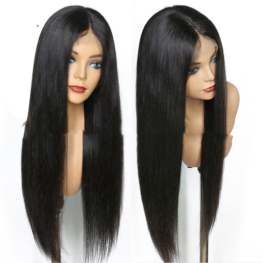 Peluca Frontal de Encaje Sintético Cabello Liso Negro Largo Medio - Image 9