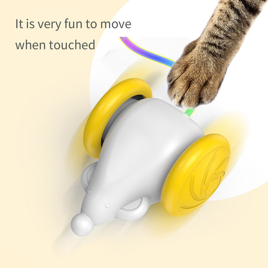 White and blue interactive cat toy shaped like a mouse with large wheels and a colorful, luminous tail. - Image 3
