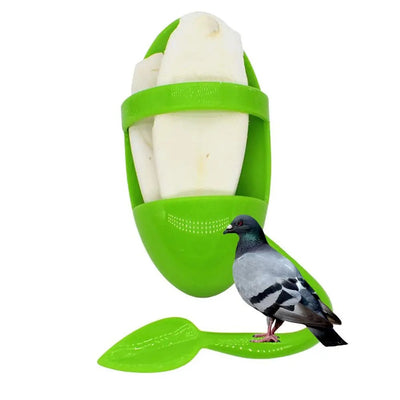 Bright green plastic bird food rack with a lower tray and a leaf-shaped perch, designed for cuttlefish. - Image 5