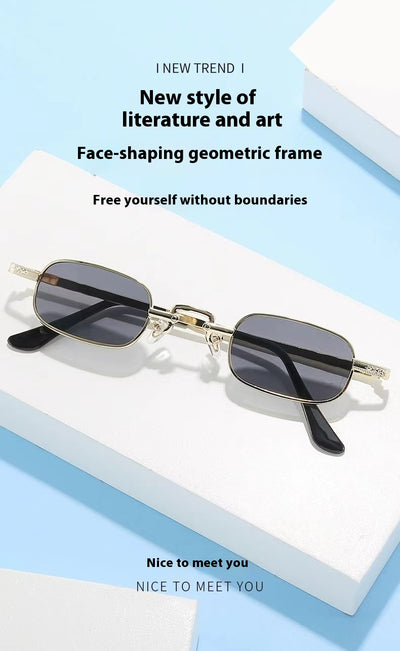 Trendy rectangular sunglasses with gold metal frames and brown lenses, shown from front and a 45-degree angle. - Image 24