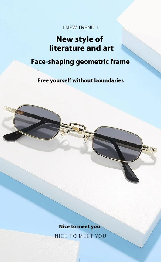 Trendy rectangular sunglasses with gold metal frames and brown lenses, shown from front and a 45-degree angle. - Image 24