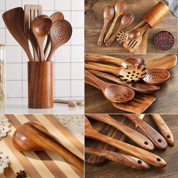 Juego de Utensilios de Cocina en Teca: Cuchara Larga, Colador y Espátula Antiadherente