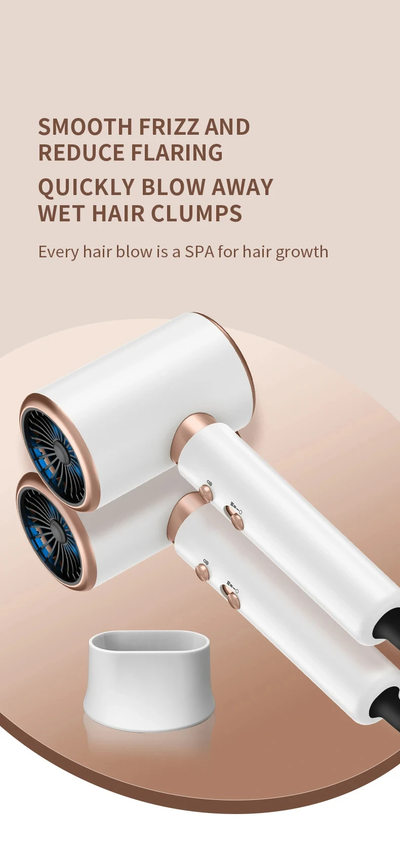 White professional hair dryer with rose gold accents, blue fan, and two control buttons, shown with a US 110V plug and a 360-degree rotating air collector nozzl - Image 18