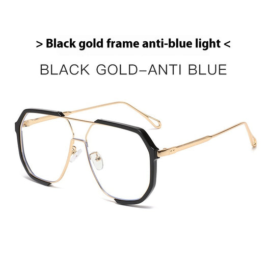 Black and gold polygon sunglasses with dark gray lenses, featuring a trendy concave design and anti-blue light properties. - Image 8