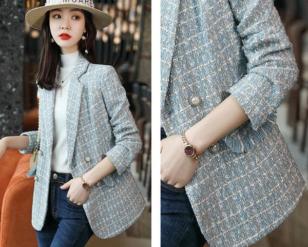 Blazer Corto de Lana a Cuadros para Mujer