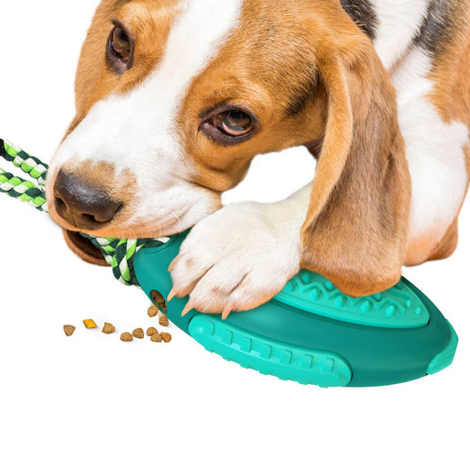 Yellow dog toy with textured surface and braided rope handle, held by a light-colored dog. - Image 2