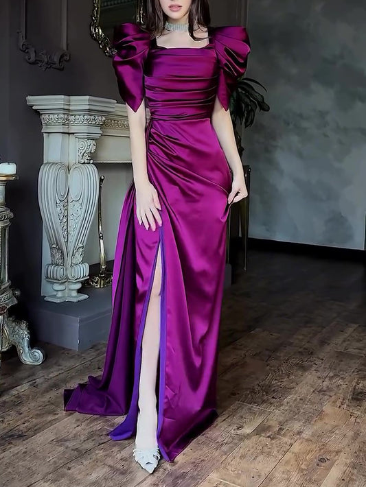 Vestido Maxi Elegante con Mangas Abullonadas y Abertura