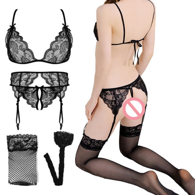 Conjunto de 4 Piezas: Liguero de Encaje, Medias de Malla y Ropa Interior Sensual - Image 5