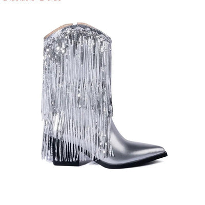 Botas de Tacón Grueso con Flecos para Mujer - Estilo Pasarela - Image 4