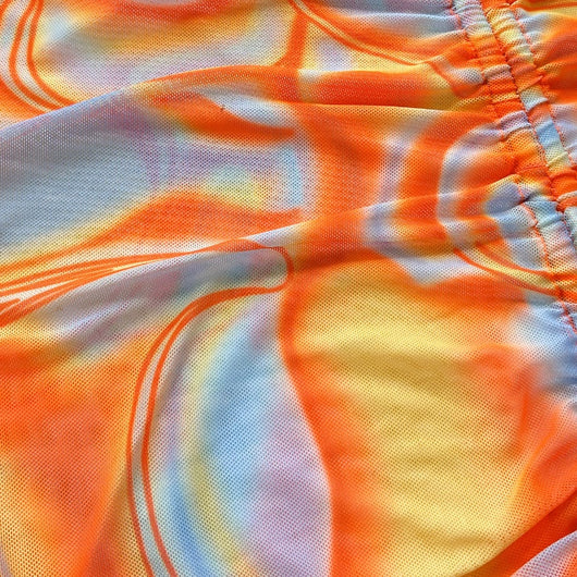 Women's three-piece swimsuit with orange, yellow, and blue abstract swirl pattern. Includes a triangle bikini top, tie-side bottom, and matching ruched sarong s - Image 6