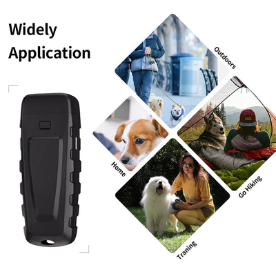 Black and orange handheld ultrasonic dog training device with a Type-C charging port and an orange button. - Image 2