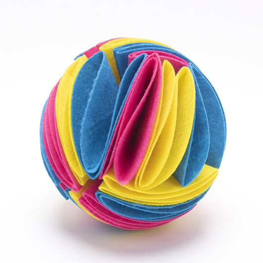 Colorful felt cloth snuffle ball for pets, featuring folded fabric strips in red, orange, yellow, green, blue, and purple. - Image 17