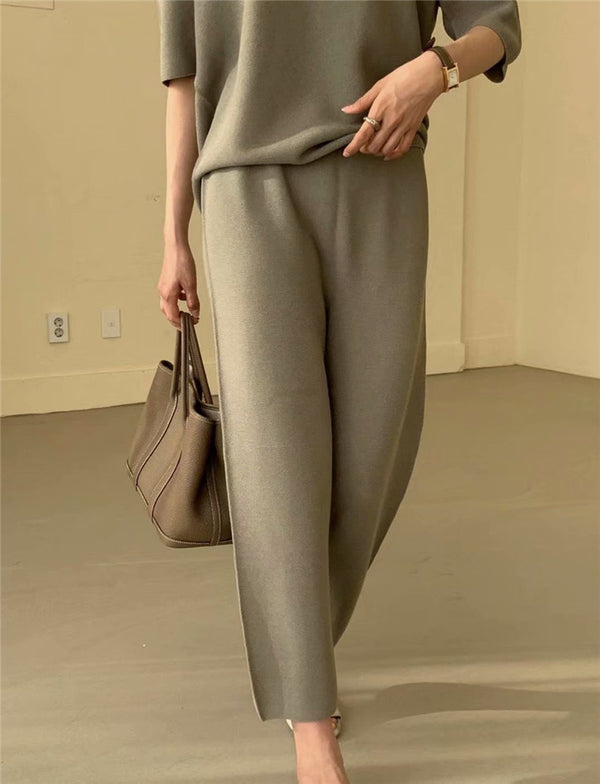 Conjunto de Punto Suelto con Cuello V y Mangas Tres Cuartos - Colores Lisos