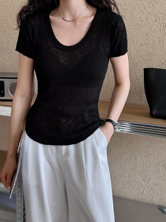 Camiseta Ajustada de Verano para Mujer - Cuello Redondo, Manga Corta y Cintura Definida - Image 12