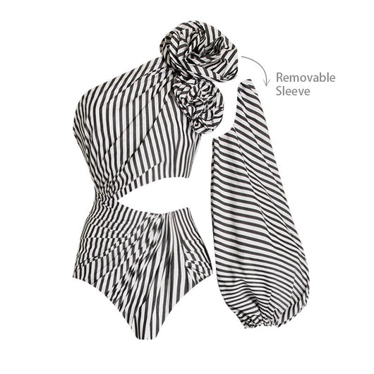 Black and white striped one-piece swimsuit with one-shoulder design, floral appliqué, balloon sleeve, and waist cut-outs. - Image 13