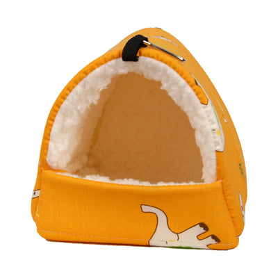 Teal cotton pet nest with a colorful forest pattern, lined with white plush, designed for small birds or parrots. - Image 12