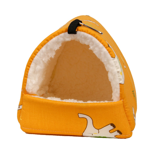 Teal cotton pet nest with a colorful forest pattern, lined with white plush, designed for small birds or parrots. - Image 12