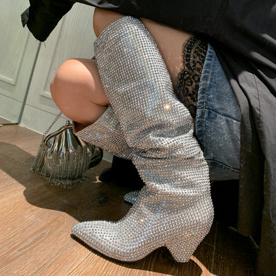 Botas Altas de Tacón Cónico con Cristales de Plata para Mujer - Image 8