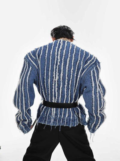 Chaqueta Denim Sin Cuello con Rayas 3D y Flecos Lavados - Image 3