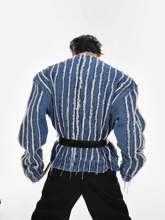 Chaqueta Denim Sin Cuello con Rayas 3D y Flecos Lavados - Image 3