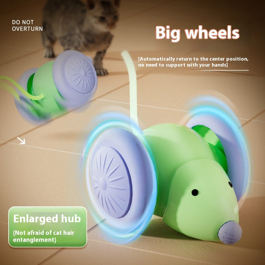 Green and purple electric mouse car cat toy with a glowing tail on a woven mat, designed for interactive play. - Image 3