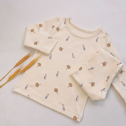 Light yellow infant long-sleeved pajama set with milk bottle and cookie print, suitable for homewear. - Image 19