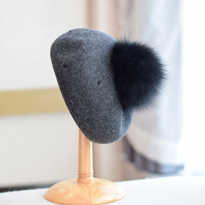 Gorro Vintage de Lana con Pompón de Pelaje de Zorro para Otoño e Invierno - Image 5