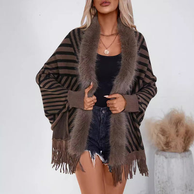 Poncho Tejido de Rayas Otoño Invierno con Flecos Elegante