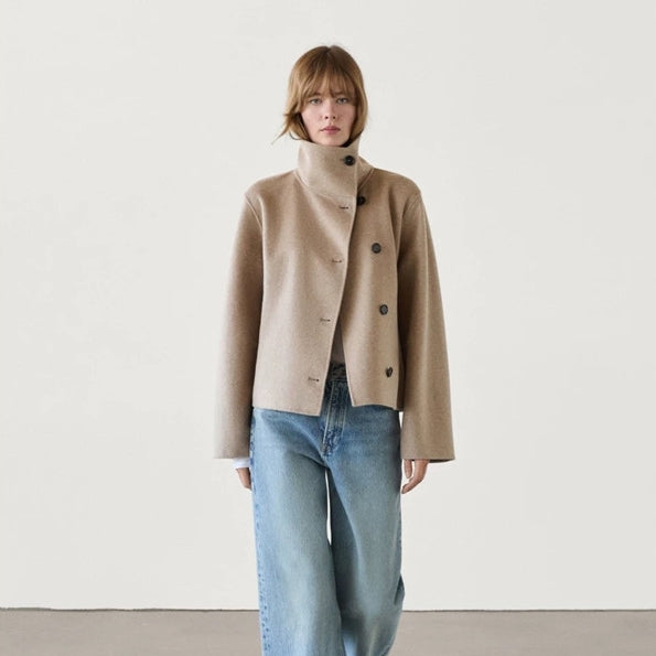 Abrigo Cuello Alto Mezcla de Lana Botones Simples Casual