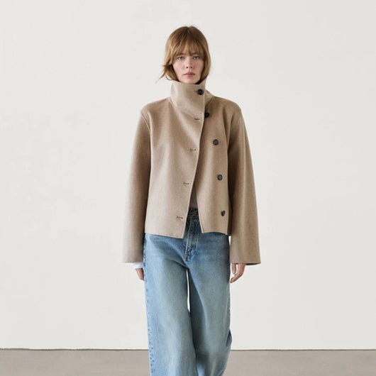 Abrigo Cuello Alto Mezcla de Lana Botones Simples Casual