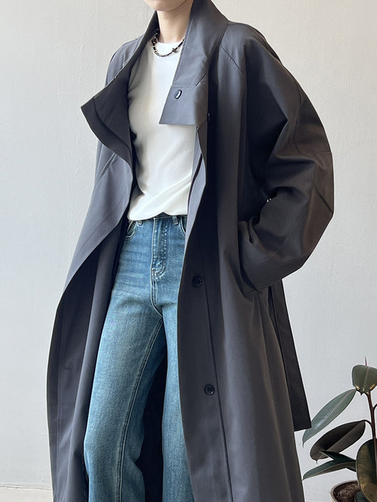 Abrigo Trinchera Largo Mujer Cuello Alzado Oversized Abotonado Simple - Image 27