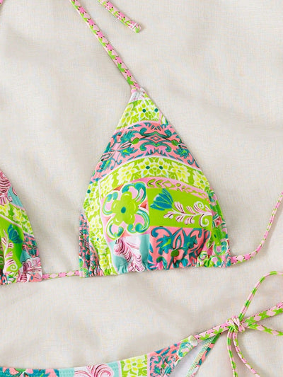 Female creative minimally printed split bikini set with a vibrant bohemian pattern and tie-side bottoms. - Image 20