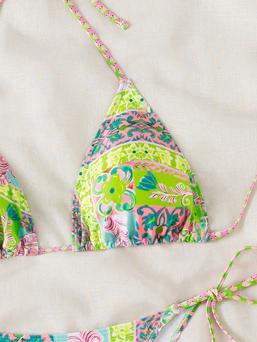 Female creative minimally printed split bikini set with a vibrant bohemian pattern and tie-side bottoms. - Image 20