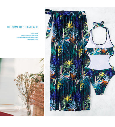 Yellow tropical print three-piece bikini set with halter top, high-waisted bottoms, and long cover-up skirt with high slit. - Image 18
