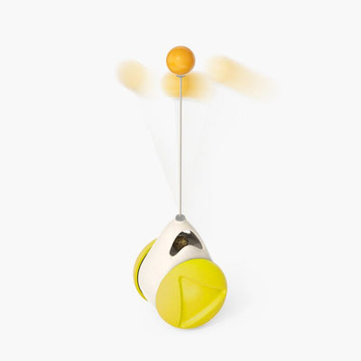 Yellow cat turntable windmill toy with a smiling face, spring, rotating arms, and a feather wand. Two kittens play with the toy. - Image 7
