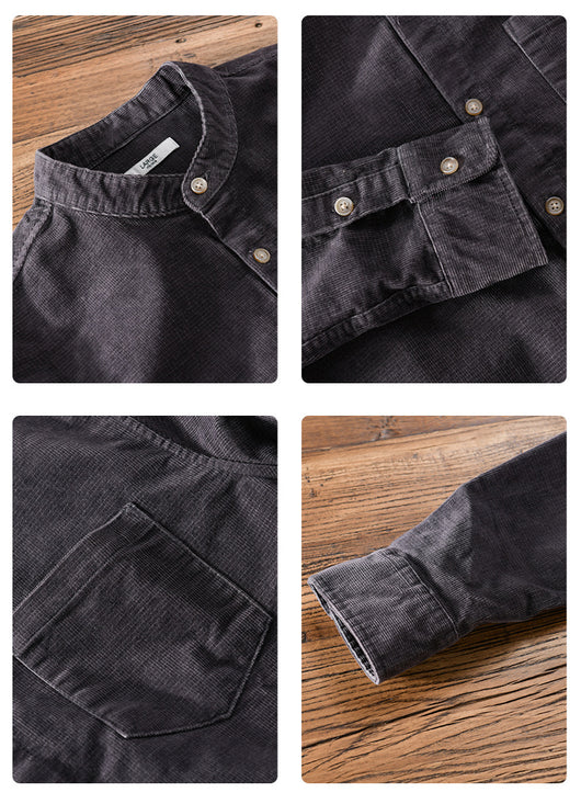 Camisa Retro de Pana para Hombre con Cuello Mao de Manga Larga - Image 18