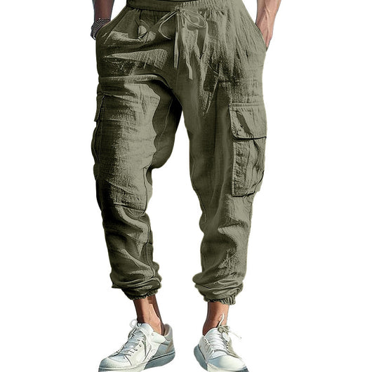 Pantalones Casuales de Algodón y Lino con Múltiples Bolsillos y Cordón Ajustable - Image 12