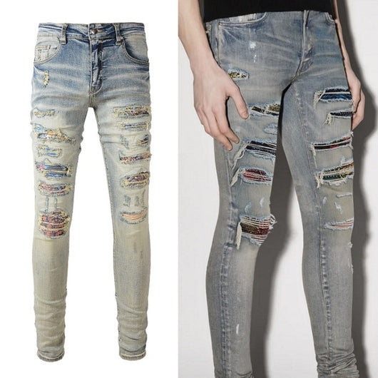 Jeans Azul Bebé Desgastado con Parches Iridiscentes para Hombre - Image 7