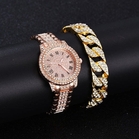 Juego de Reloj y Pulsera de Acero Inoxidable con Números Romanos y Diamantes - Image 9