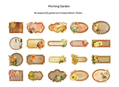 60-piece retro floral writable sticker package with 20 unique vintage garden label designs in various shapes and colors. - Image 4