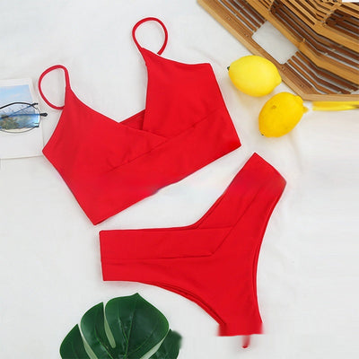 Bright yellow two-piece bikini swimsuit with a crop top and high-cut V-front bottoms, laid flat. - Image 20