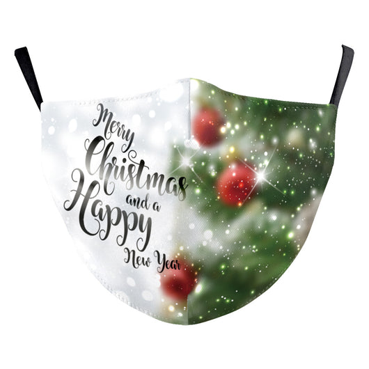 Christmas dust mask with a digital print of red, purple, and gold bokeh lights and white snowflakes, featuring ear hooks. - Image 12